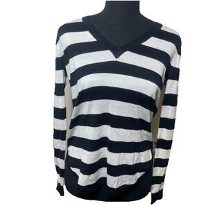 LRL Women’s Sweater PXS Black White Stripe V-Neck Lightweight Knit Petite